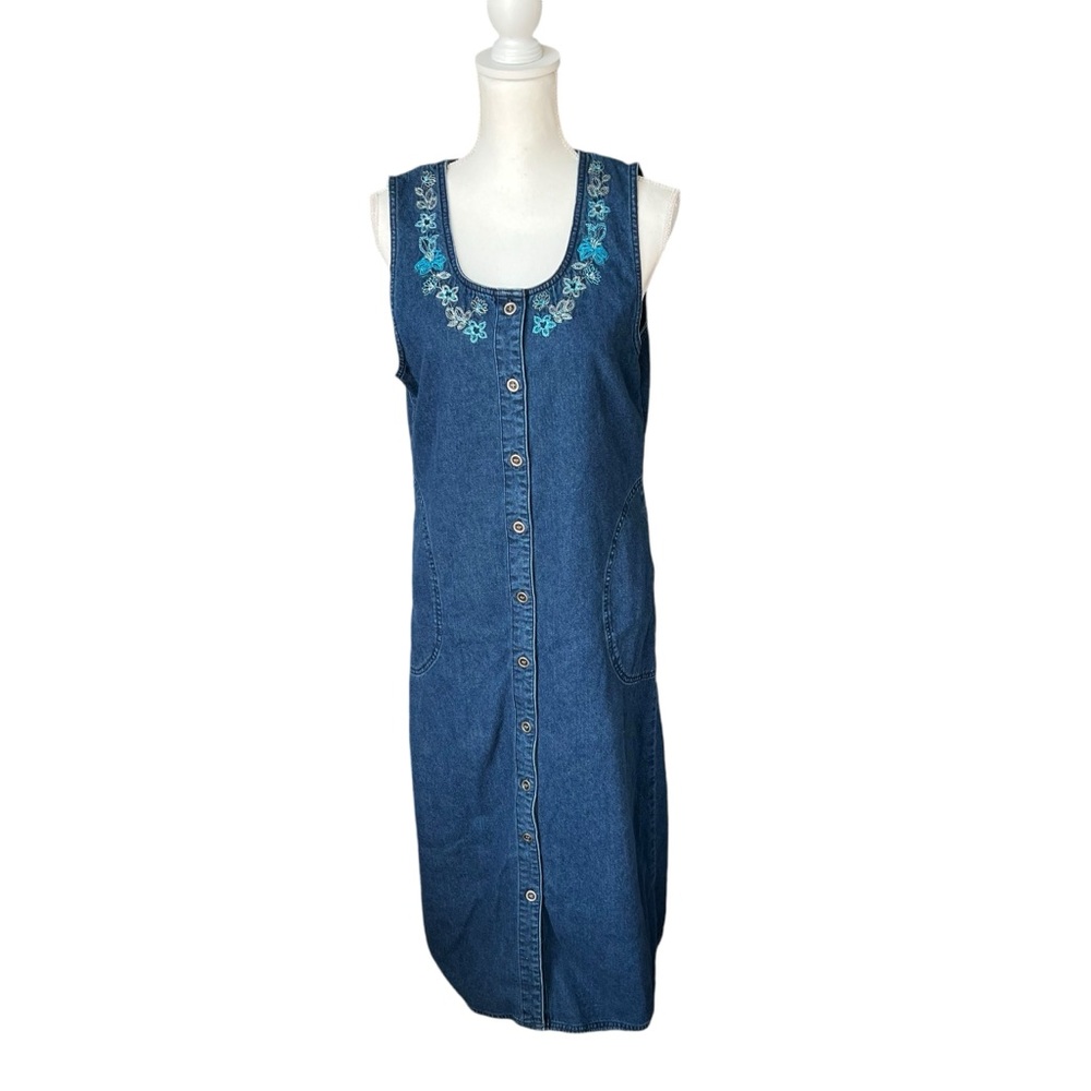 VTG 90s white stag blue denim jean jumper maxi dress embroidery women small